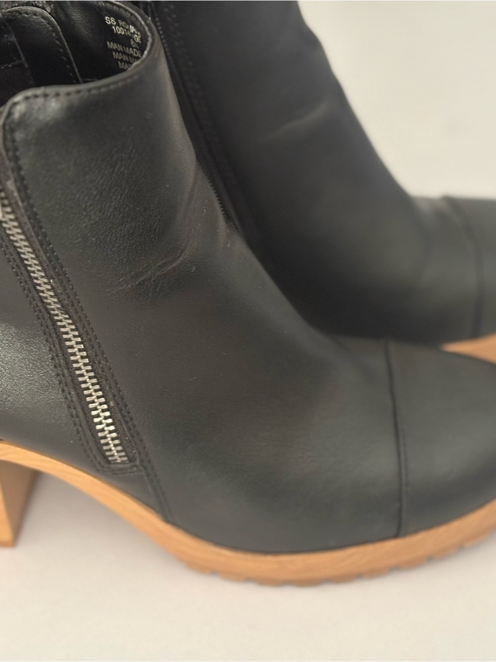 Women’s Black Leather Side-Zip Ankle Booties with Wood-Effect Heel